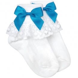 Girls White Lace Socks with Blue Satin Bows